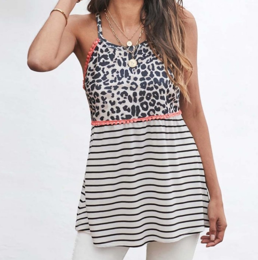 🆕 Black & Coral Leopard Stripe Contrast Racer-back Tank